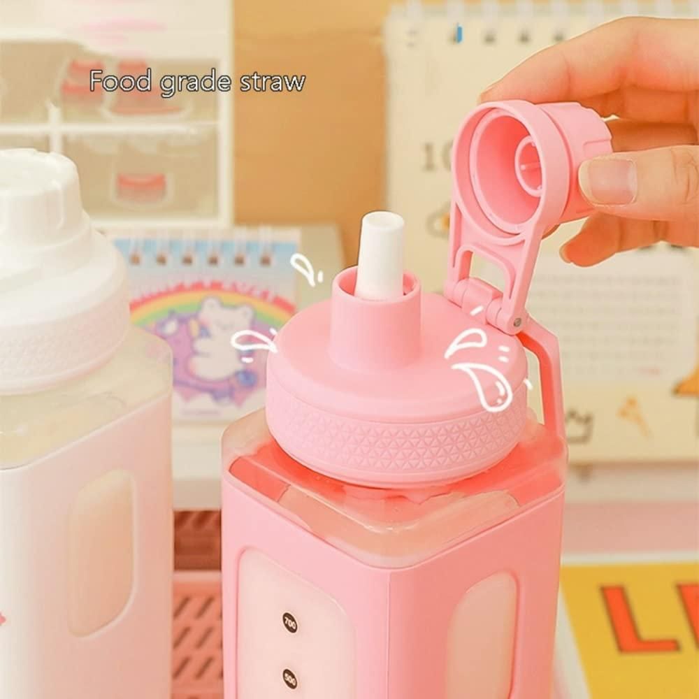 Kawaii Straw Water Bottle – 700ml Leakproof Bottle with Lid for School & Travel