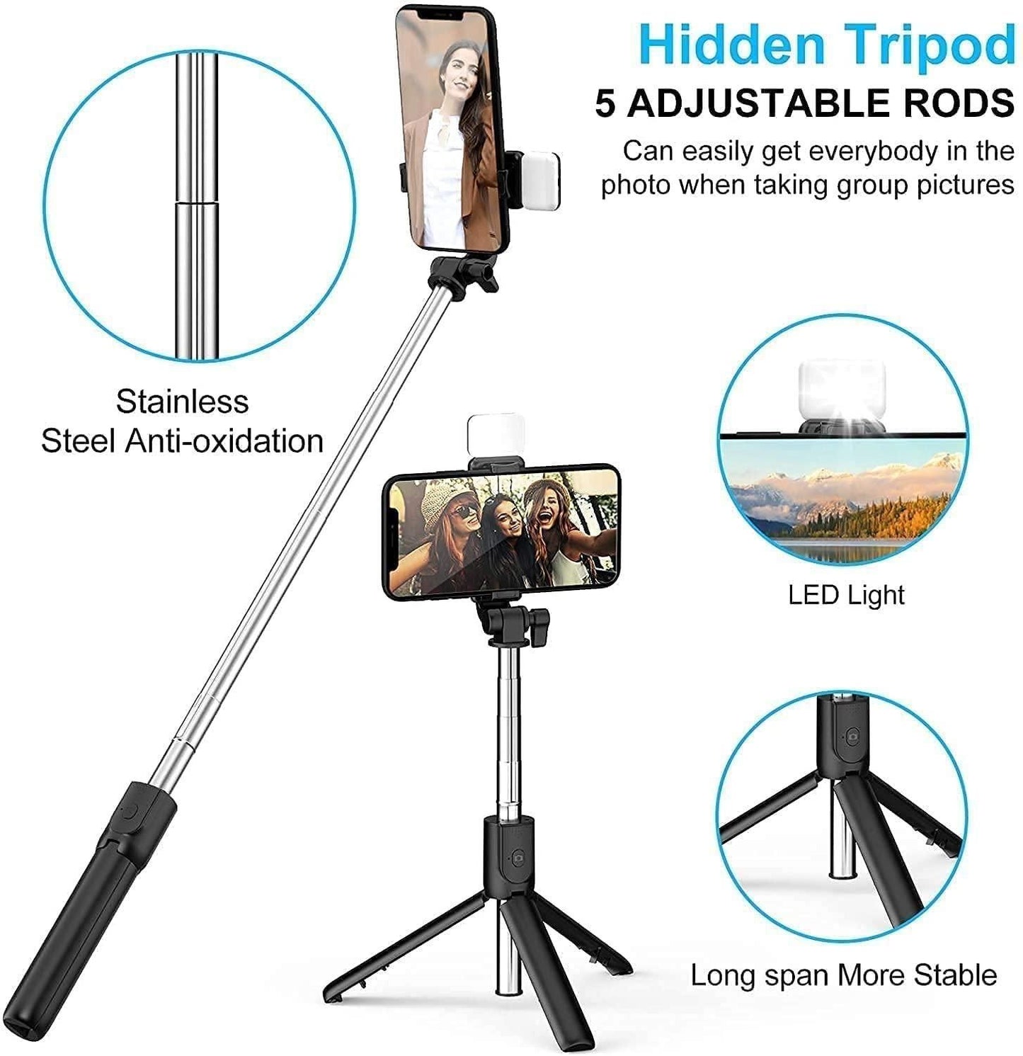 3-in-1 Extendable Selfie Stick Tripod with Bluetooth Remote & Flash Light